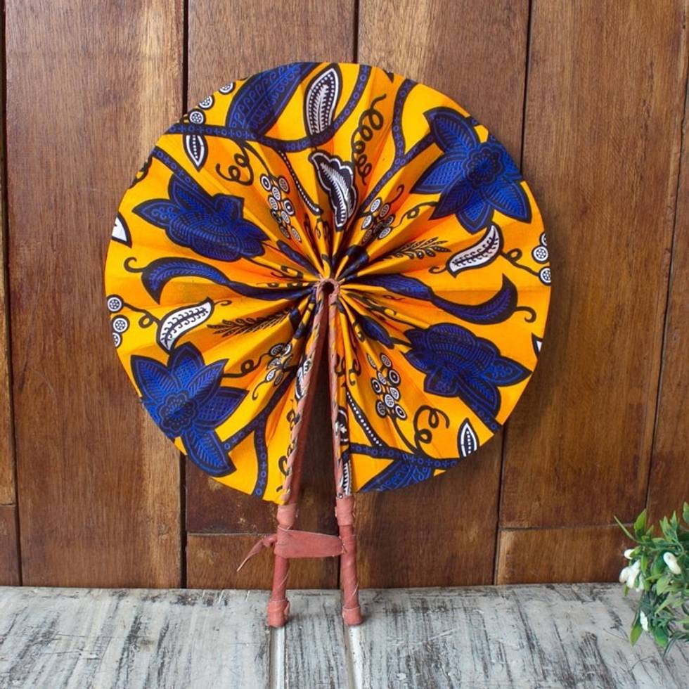 Handcrafted Tangerine Cotton and Leather Fan from Ghana 'Ray of Sunshine'