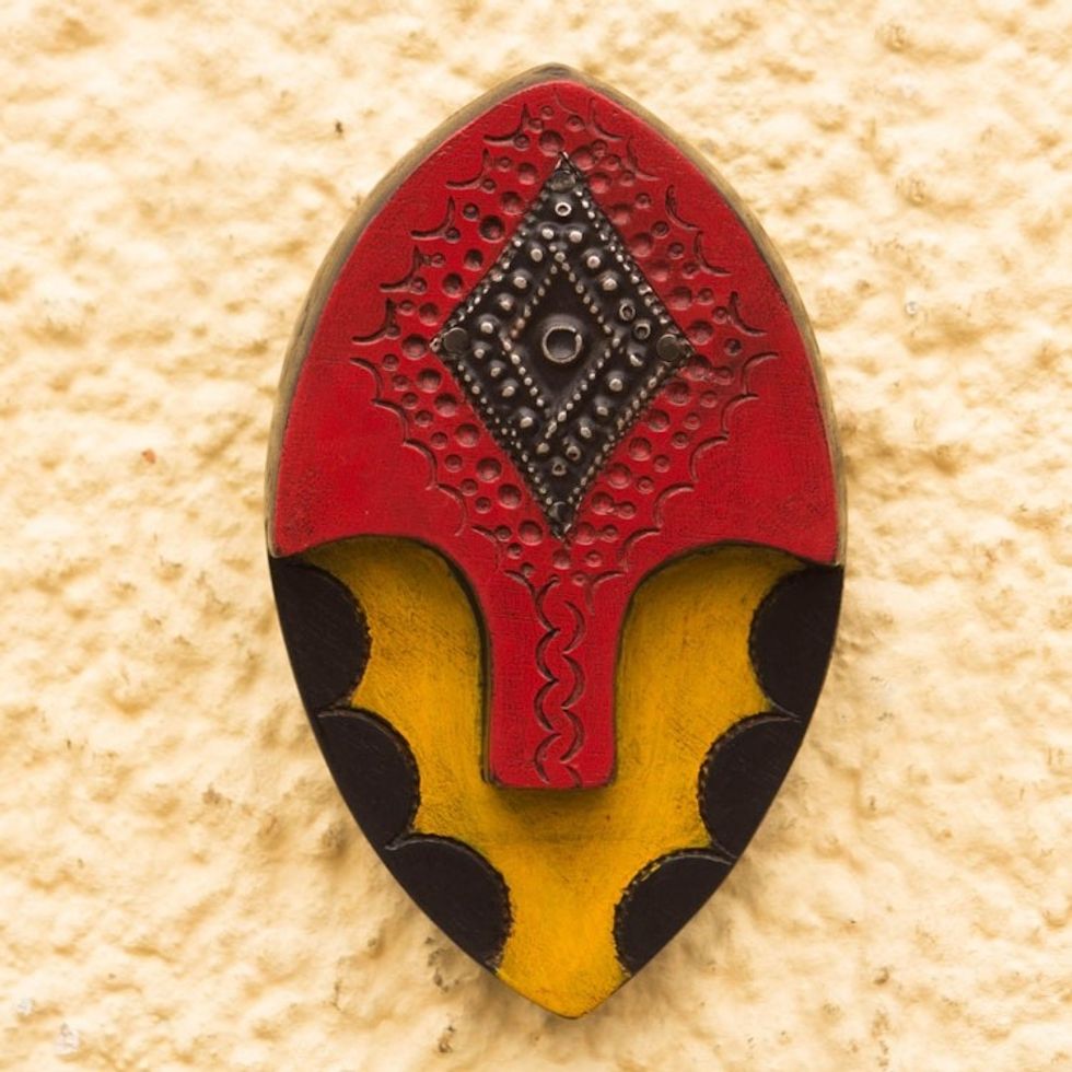 Red and Yellow Abstract African Wood Mini Mask from Ghana 'Mysterious Face'