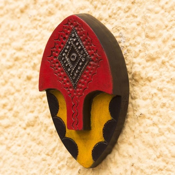 Alternate image for Red and Yellow Abstract African Wood Mini Mask from Ghana Mysterious Face