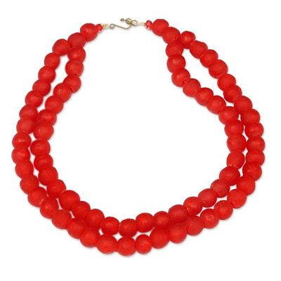 Alternate image for Recycled Glass Beaded Necklace in Red from Ghana Rosy Red