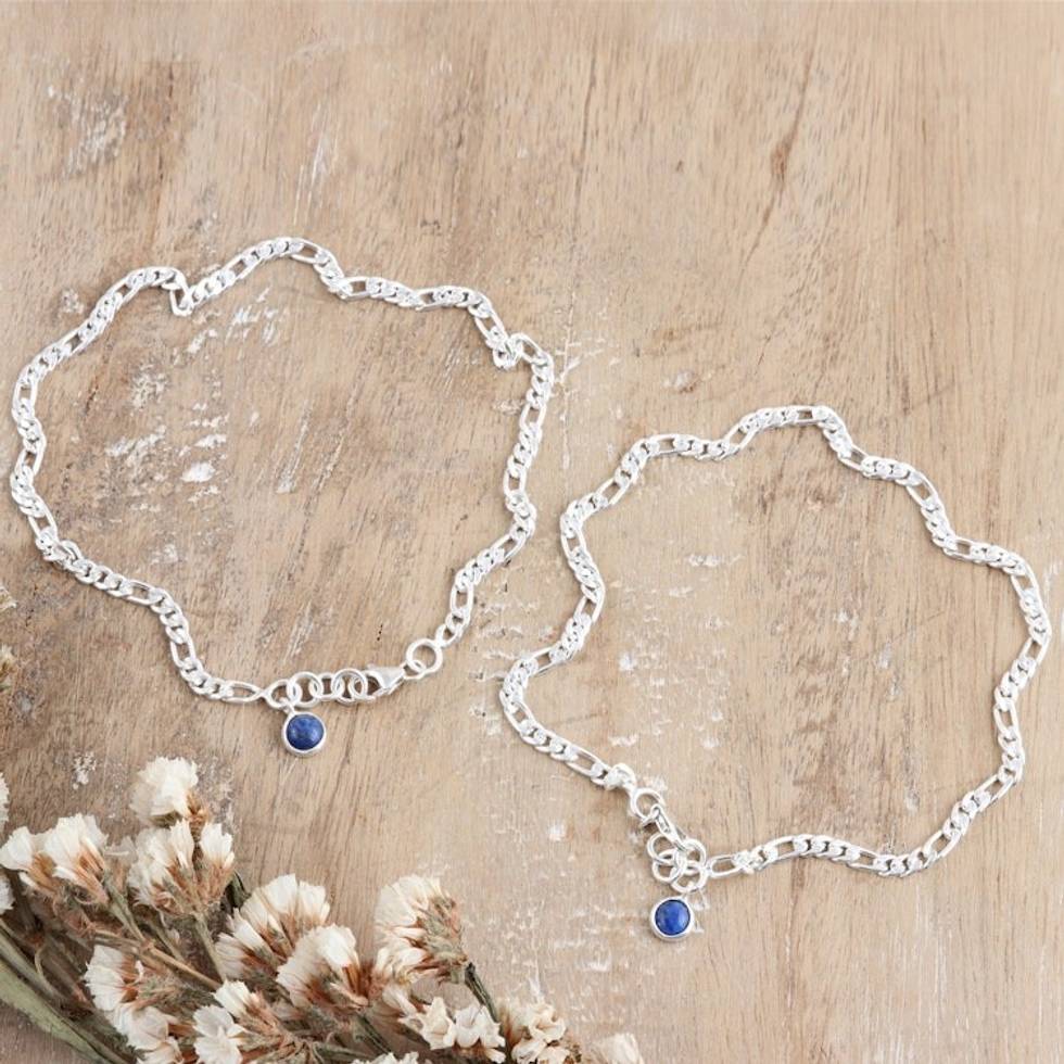 Pair of Lapis Lazuli Sterling Silver Anklets from India 'Blue Nobility'
