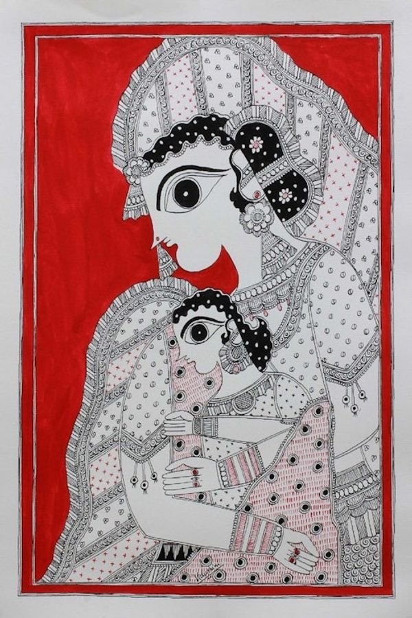 Alternate image for Mother and Child Madhubani Painting from India Artisan Mother and Child