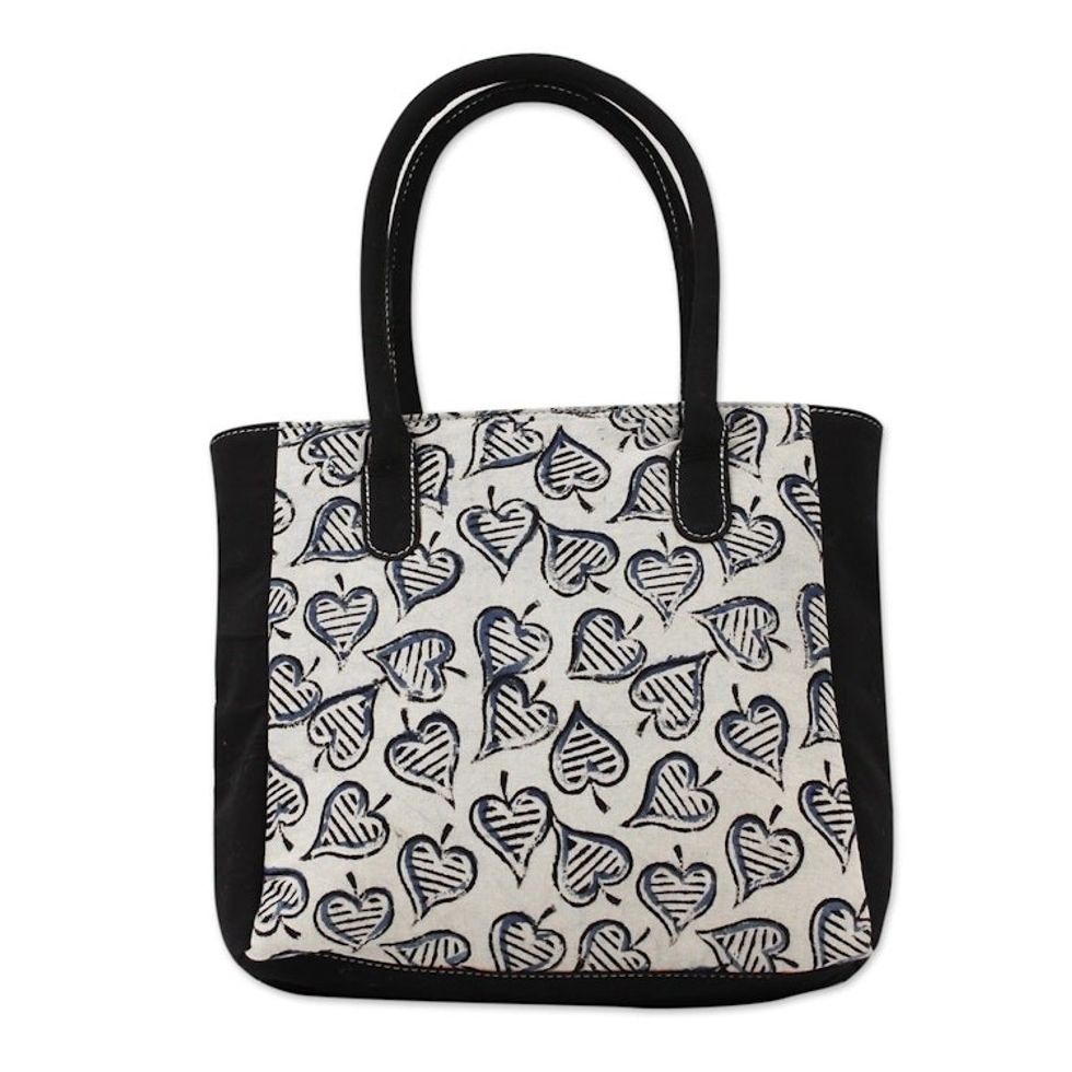 Tote Bag with Block Printed Leaves on Cotton from India 'Windswept'