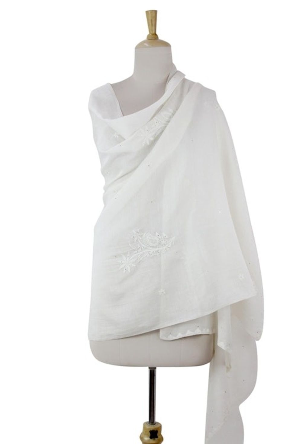 Cotton and Silk Blend Wrap in White with Floral Embroidery 'Lucknow Meadow in White'
