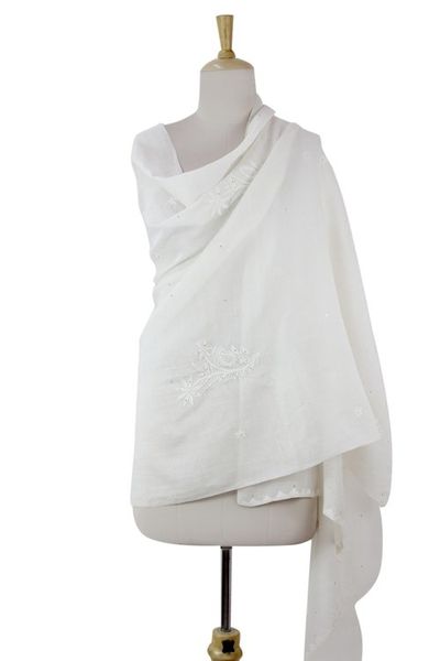 Alternate image for Cotton and Silk Blend Wrap in White with Floral Embroidery Lucknow Meadow in White