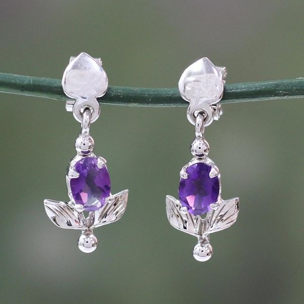 Alternate image for Amethyst and Sterling Silver Earrings Floral Jewelry Lavender Bloom