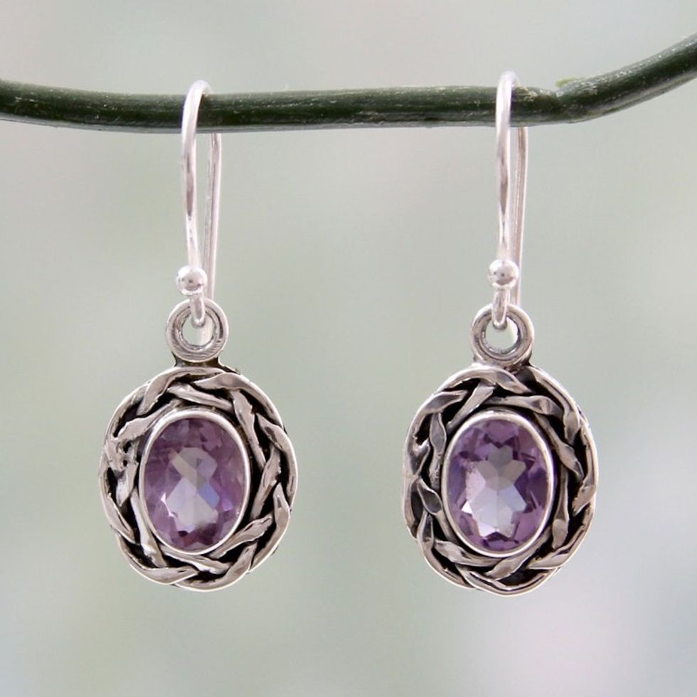 Woven Sterling Silver and Amethyst Dangle Earrings 'Indian Basket'