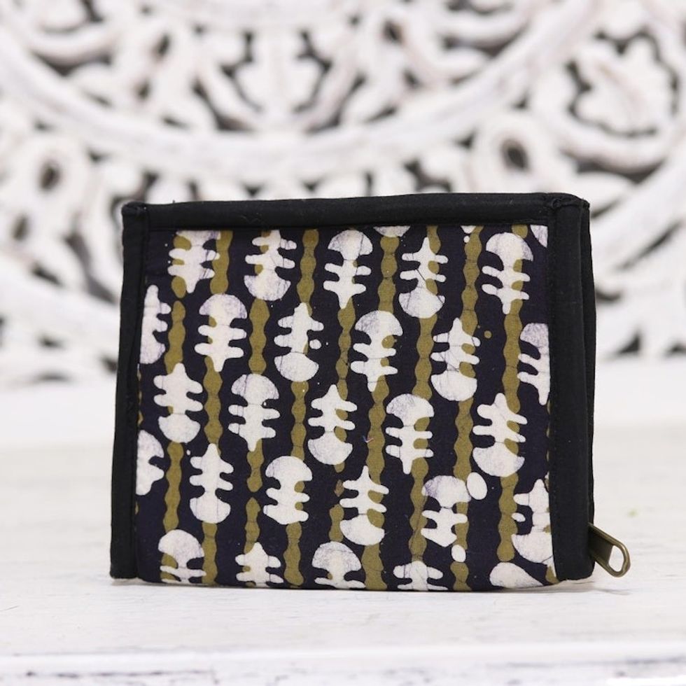 Black and Sand Striped Batik Cotton Wallet from India 'Lovely Designs in Black'