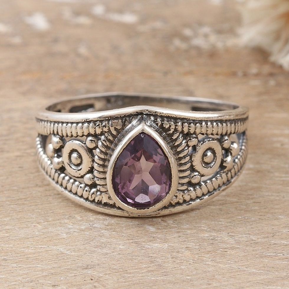 Polished Sterling Silver Cocktail Ring with an Amethyst Gem 'Wisdom Drop'