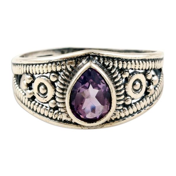 Alternate image for Polished Sterling Silver Cocktail Ring with an Amethyst Gem Wisdom Drop