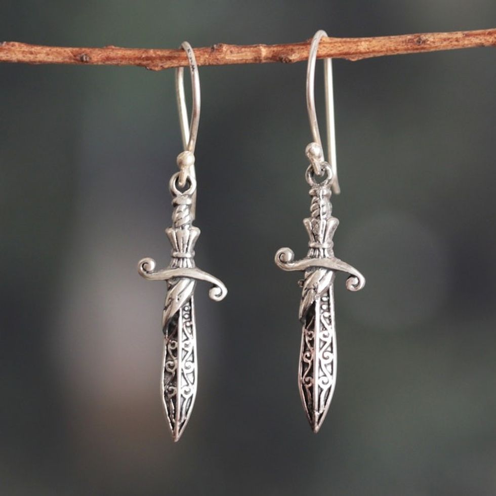 Sterling Silver Sword-Shaped Dangle Earrings from India 'Sword Majesty'