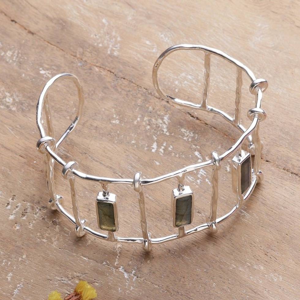 4-Carat Natural Labradorite Sterling Silver Cuff Bracelet 'Panels of Transformation'