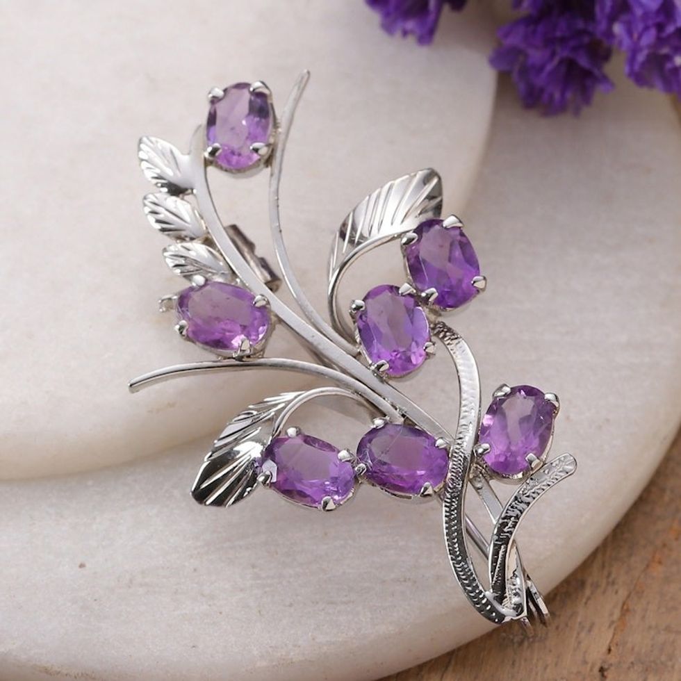 Floral 7-Carat Amethyst and Sterling Silver Brooch Pin 'Blossoming Wisdom'