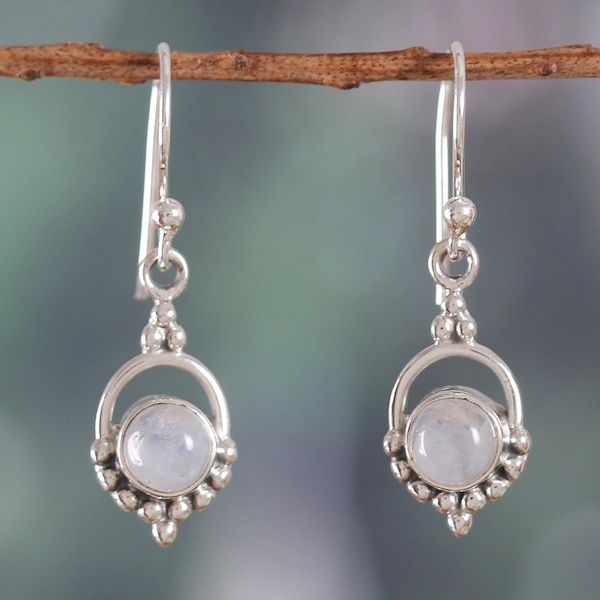 Alternate image for Polished Natural Rainbow Moonstone Dangle Earrings Ethereal Allure