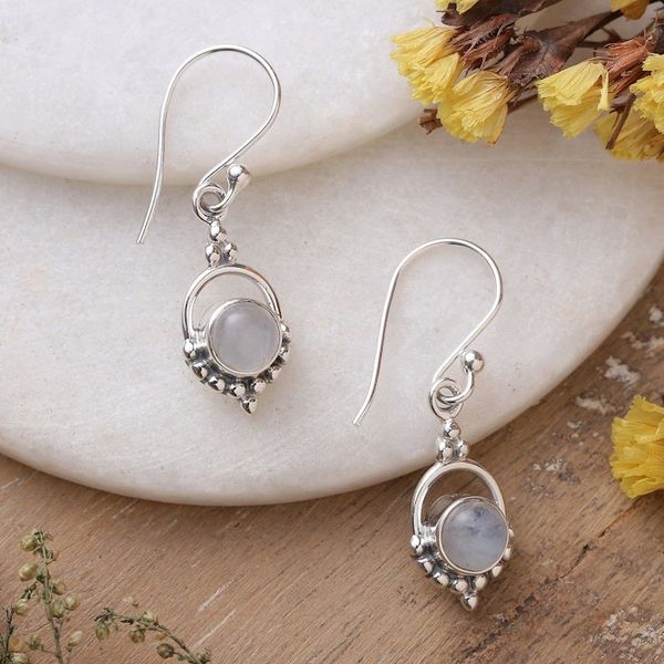 Alternate image for Polished Natural Rainbow Moonstone Dangle Earrings Ethereal Allure