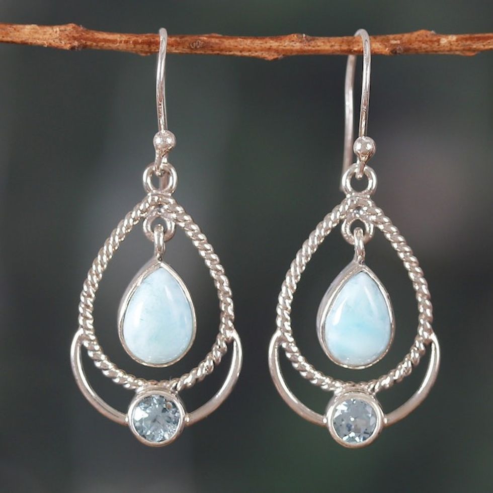 Classic Larimar and Blue Topaz Dangle Earrings 'Empress of Heaven'
