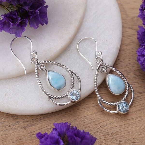 Alternate image for Classic Larimar and Blue Topaz Dangle Earrings Empress of Heaven