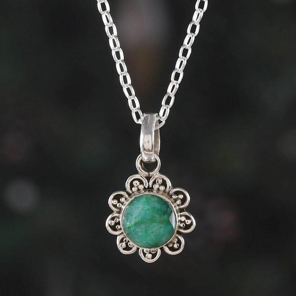 Floral Faceted 2-Carat Emerald Pendant Necklace from India 'Loyal Flower'
