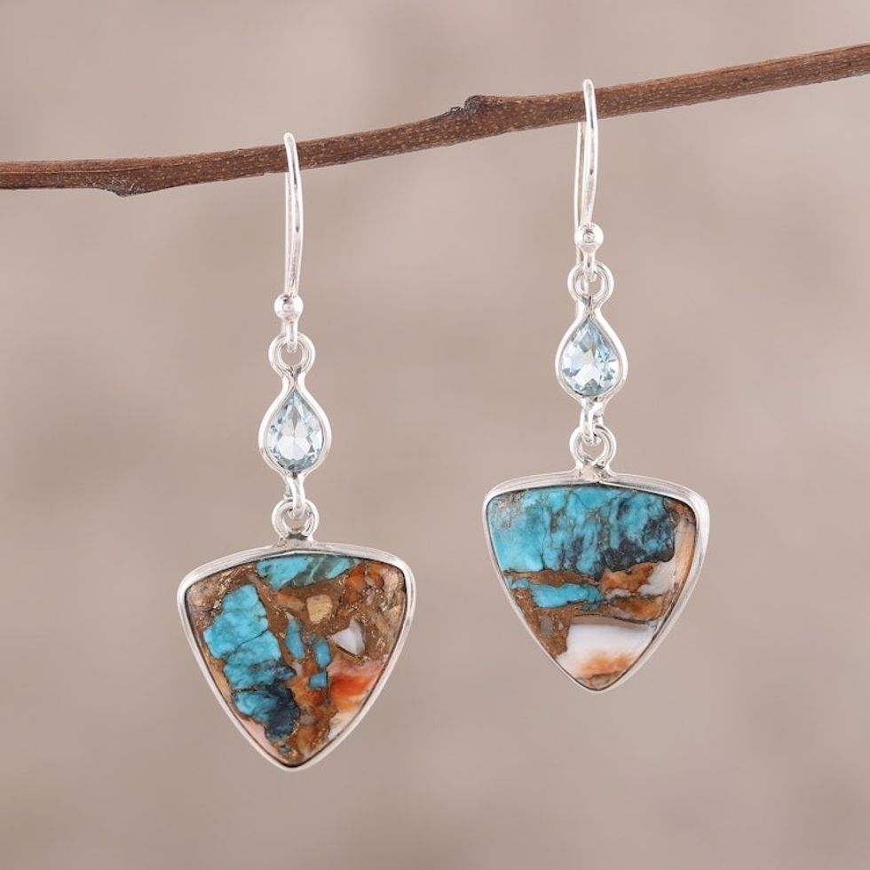 Recon. Turquoise and Blue Topaz Dangle Earrings 'Royal Colors'