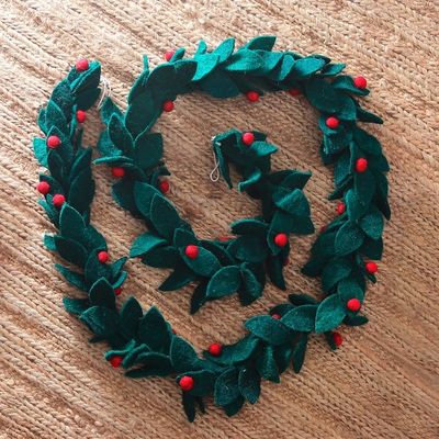 Primary image for Wool Felt Leaf Holiday Garland in Green and Red from India Festive Decorations