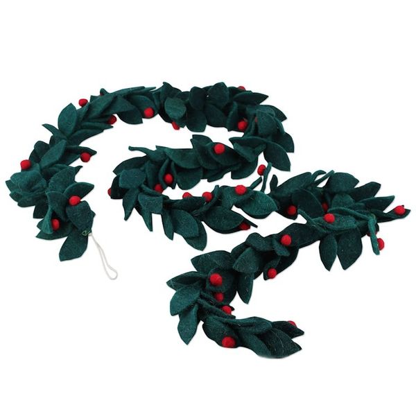 Alternate image for Wool Felt Leaf Holiday Garland in Green and Red from India Festive Decorations