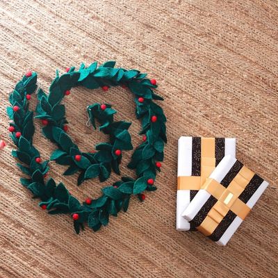 Alternate image for Wool Felt Leaf Holiday Garland in Green and Red from India Festive Decorations