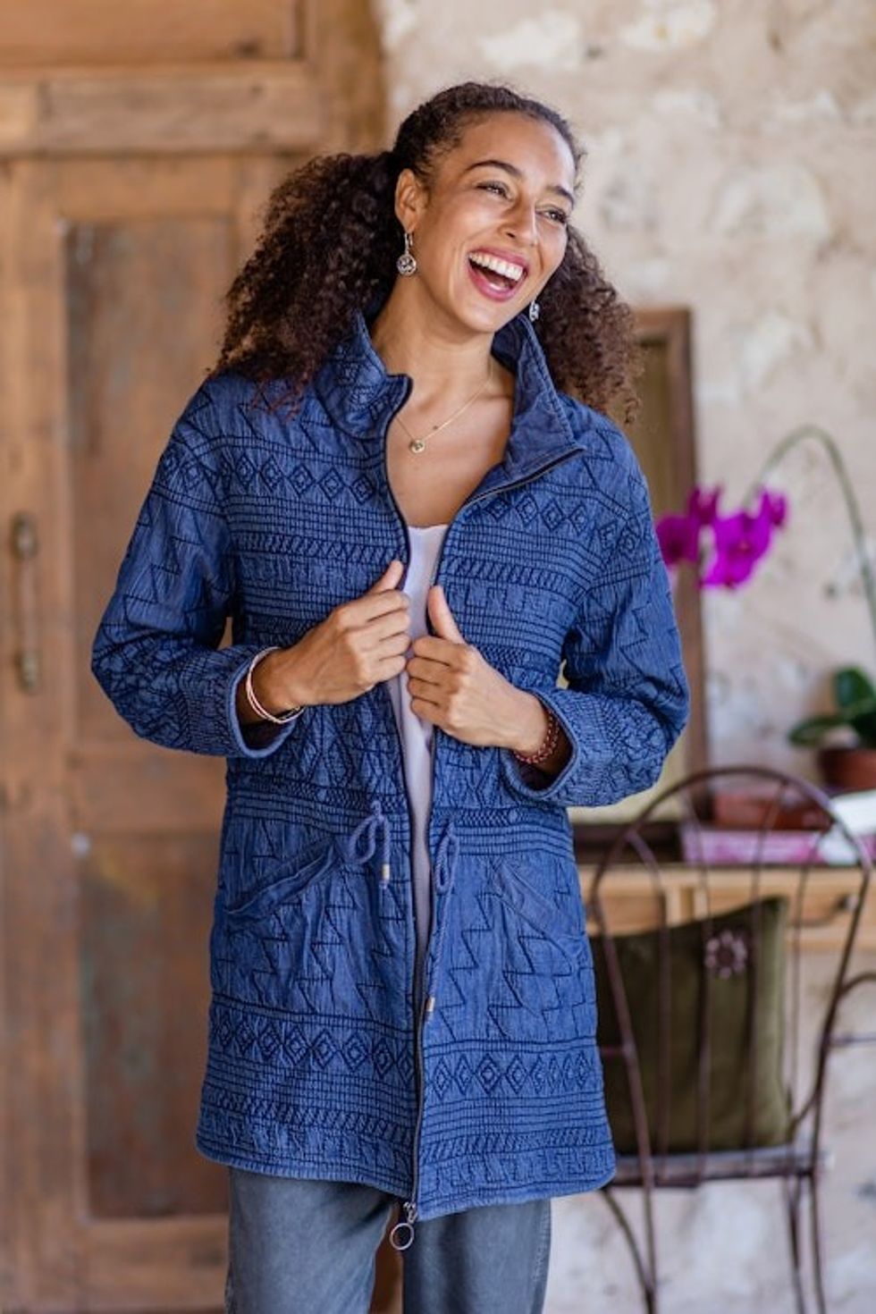 Fleece-Lined Cotton Denim Coat from India 'Chandi Anorak'