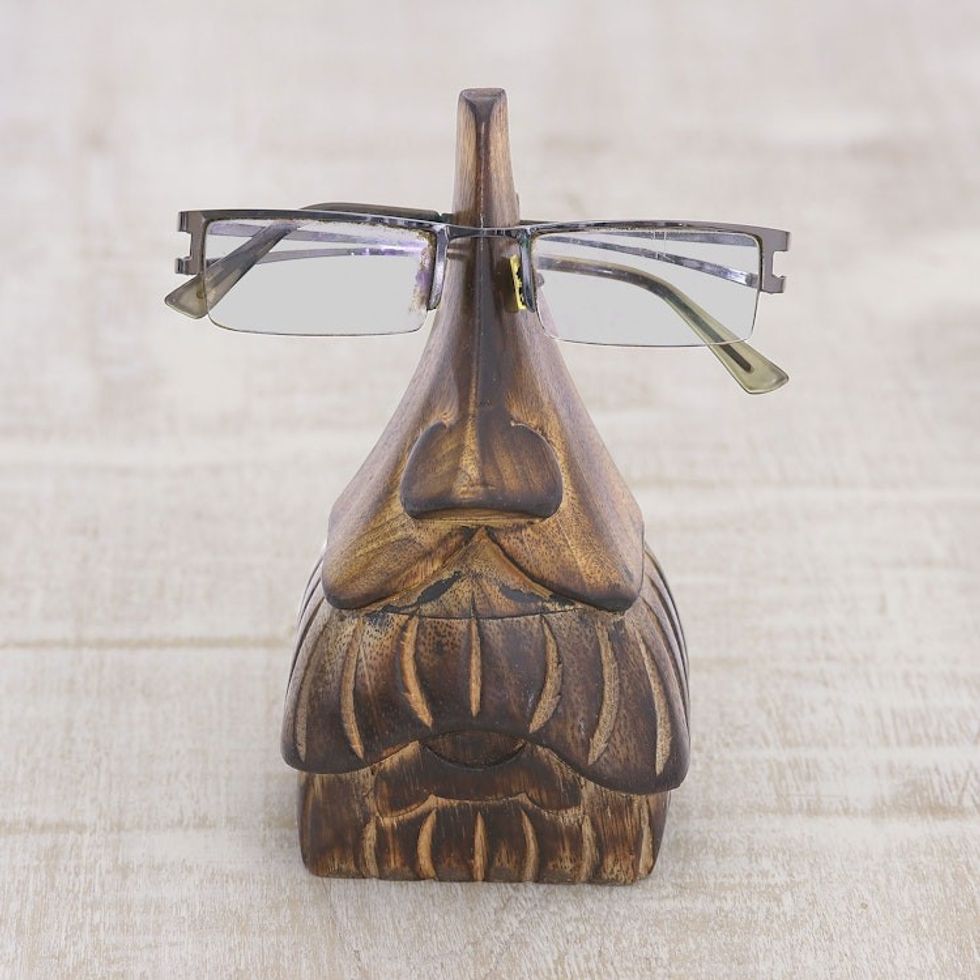 Whimsical Mustached Face Mango Wood Eyeglasses Holder 'Mustachio'