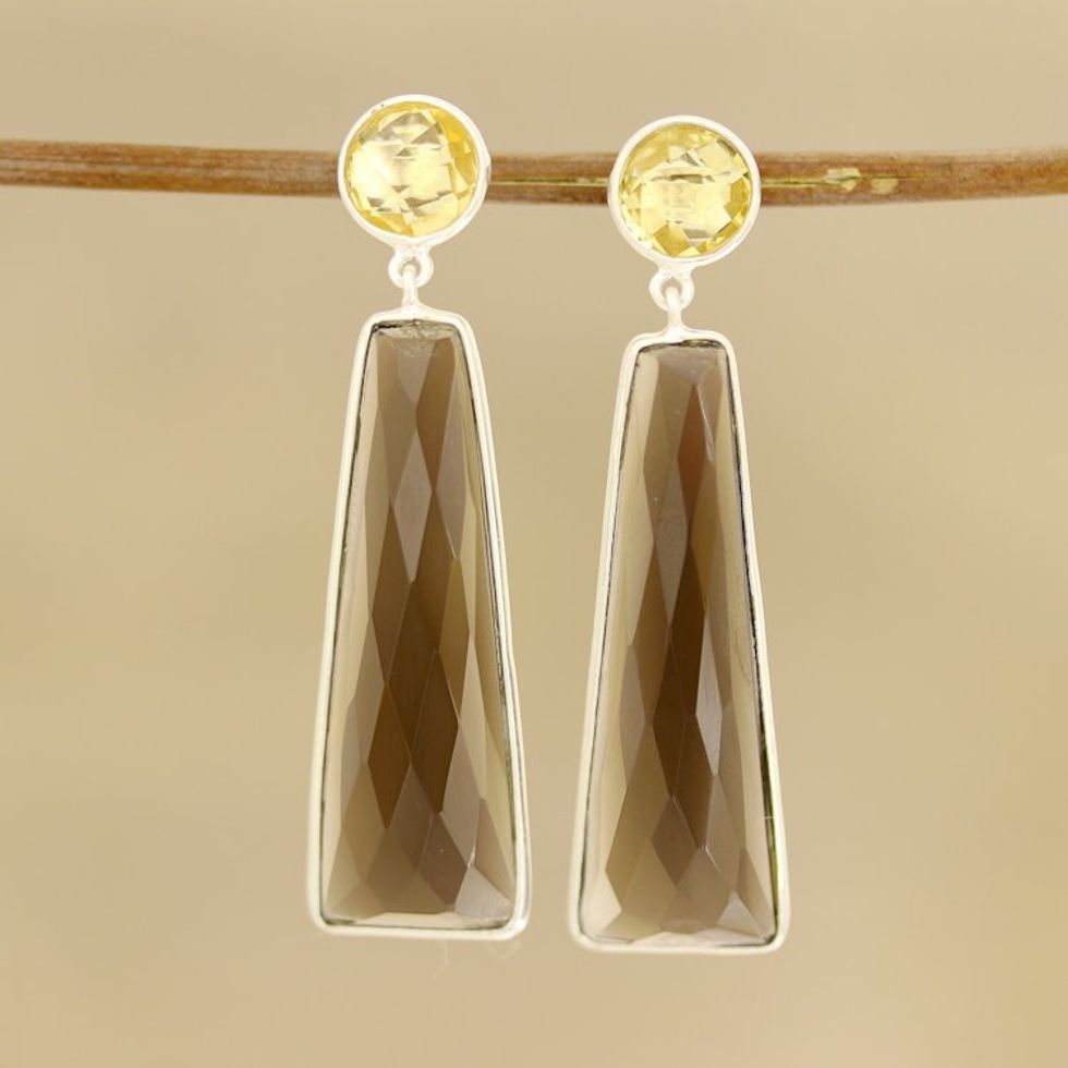 14.5-Carat Smoky Quartz and Citrine Dangle Earrings 'Glorious Dazzle'