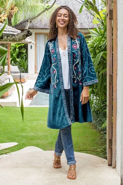 Alternate image for Embroidered Long Blue Cotton Velvet Open Front Jacket Kashmiri Garden