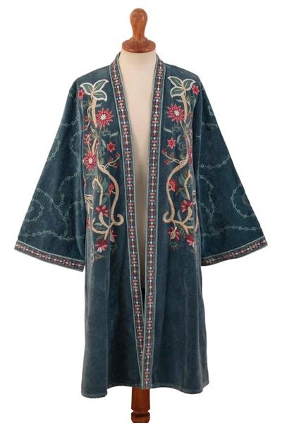 Alternate image for Embroidered Long Blue Cotton Velvet Open Front Jacket Kashmiri Garden