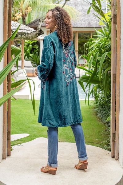 Alternate image for Embroidered Long Blue Cotton Velvet Open Front Jacket Kashmiri Garden