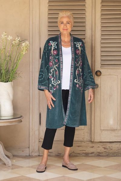 Alternate image for Embroidered Long Blue Cotton Velvet Open Front Jacket Kashmiri Garden