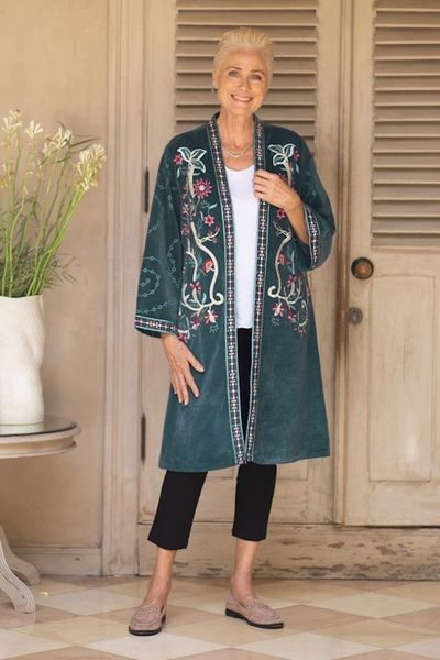 Alternate image for Embroidered Long Blue Cotton Velvet Open Front Jacket Kashmiri Garden