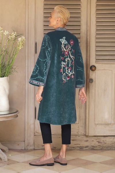 Alternate image for Embroidered Long Blue Cotton Velvet Open Front Jacket Kashmiri Garden