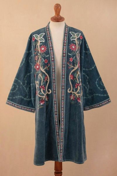 Alternate image for Embroidered Long Blue Cotton Velvet Open Front Jacket Kashmiri Garden