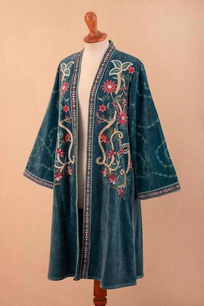 Alternate image for Embroidered Long Blue Cotton Velvet Open Front Jacket Kashmiri Garden