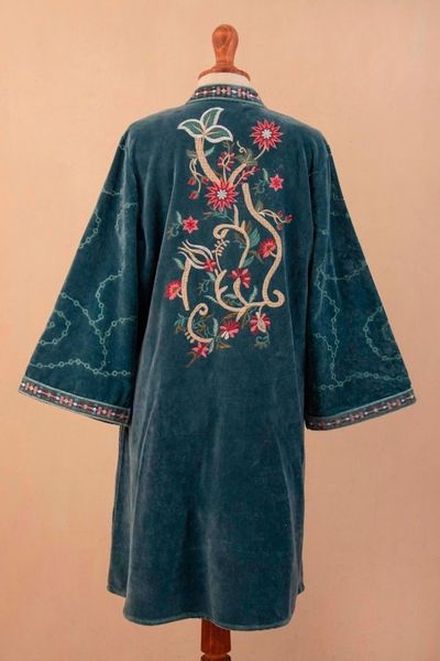 Alternate image for Embroidered Long Blue Cotton Velvet Open Front Jacket Kashmiri Garden