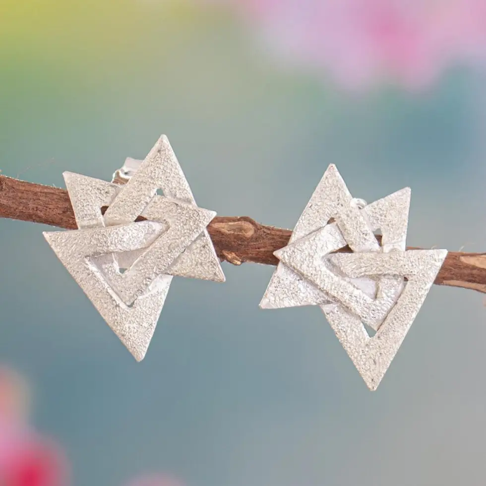 Handcrafted Sterling Silver Geometric Button Earrings 'Triology'