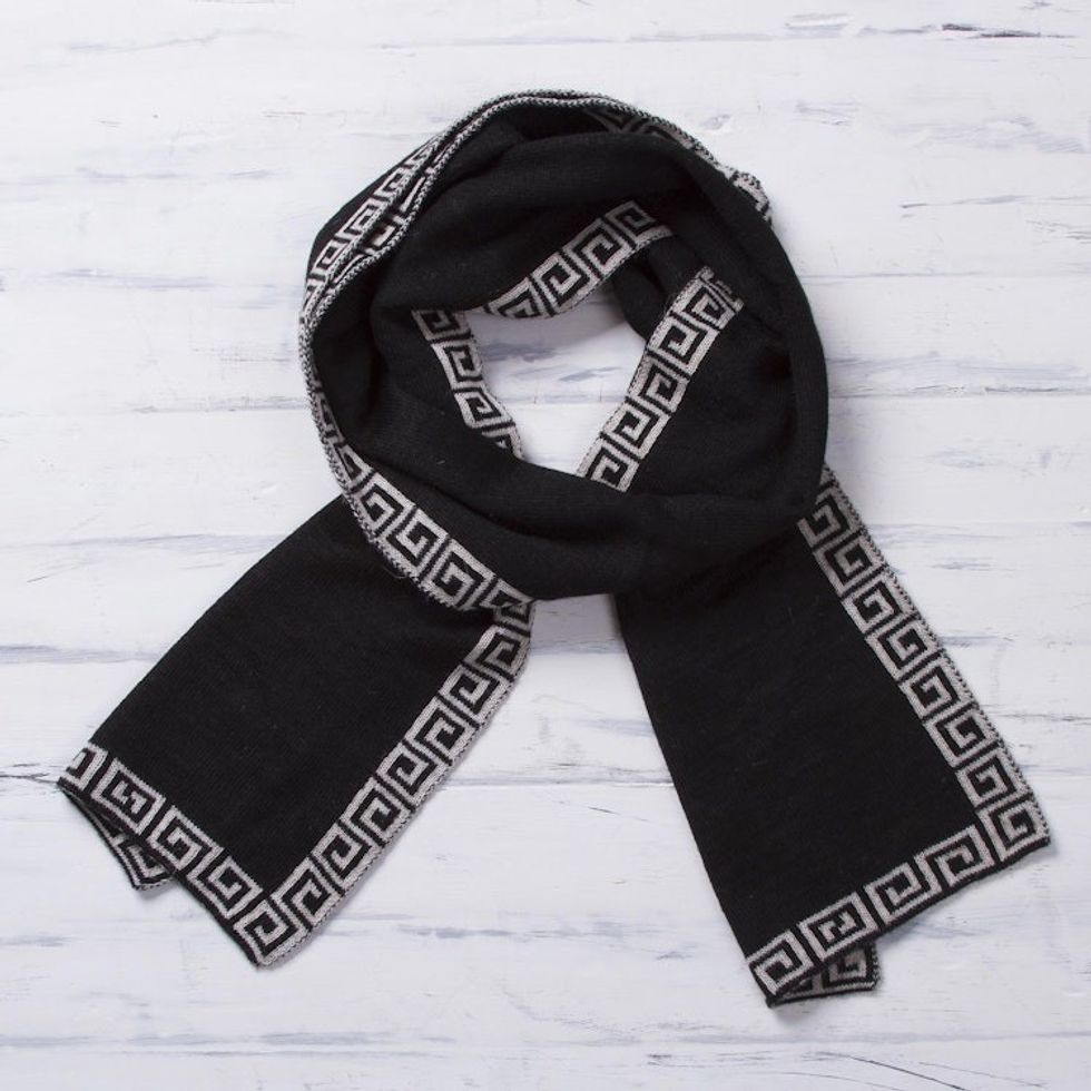 Reversible Ivory and Black Alpaca Blend Knit Scarf from Peru 'Incan Inspiration'