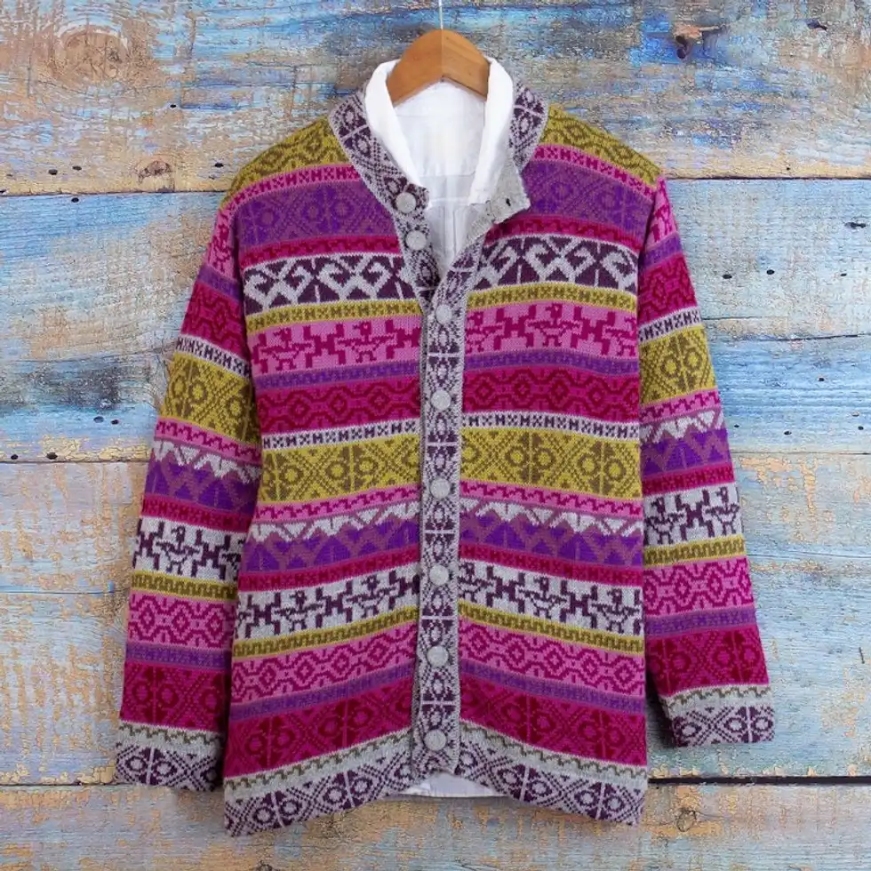Handwoven Fuchsia Alpaca Blend Cardigan with Inca Motifs 'Empire Memories in Ruby'