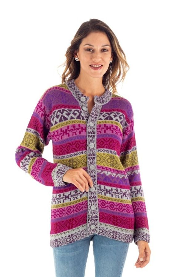 Alternate image for Handwoven Fuchsia Alpaca Blend Cardigan with Inca Motifs Empire Memories in Ruby