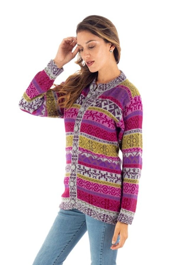 Alternate image for Handwoven Fuchsia Alpaca Blend Cardigan with Inca Motifs Empire Memories in Ruby