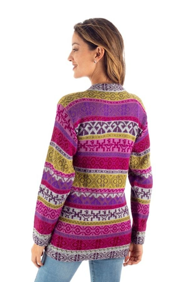 Alternate image for Handwoven Fuchsia Alpaca Blend Cardigan with Inca Motifs Empire Memories in Ruby