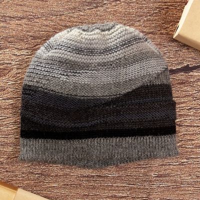 Alternate image for Knit 100 Alpaca Hat in Grey Silver and Black Hues from Peru Monochromatic Shades