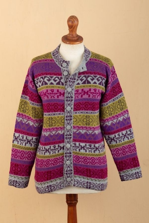 Alternate image for Handwoven Fuchsia Alpaca Blend Cardigan with Inca Motifs Empire Memories in Ruby
