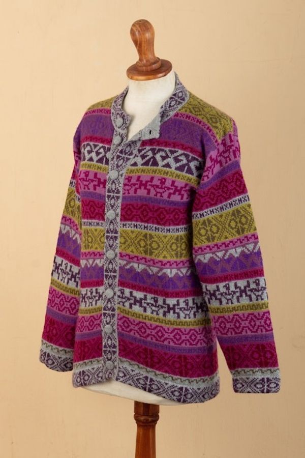 Alternate image for Handwoven Fuchsia Alpaca Blend Cardigan with Inca Motifs Empire Memories in Ruby