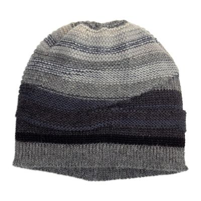 Alternate image for Knit 100 Alpaca Hat in Grey Silver and Black Hues from Peru Monochromatic Shades
