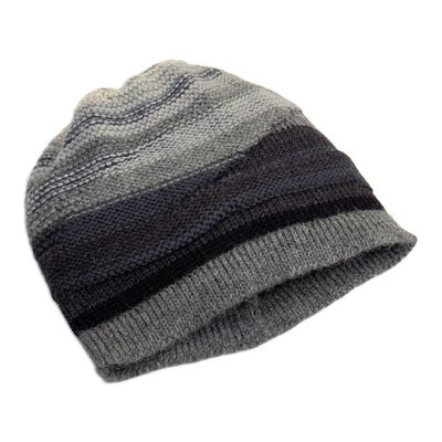 Alternate image for Knit 100 Alpaca Hat in Grey Silver and Black Hues from Peru Monochromatic Shades