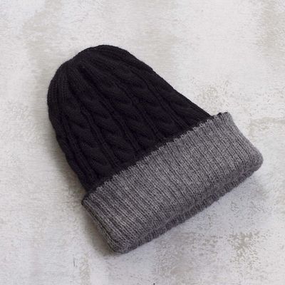 Alternate image for Peruvian 100 Alpaca Reversible Black and Grey Ribbed Hat Warm and Cozy